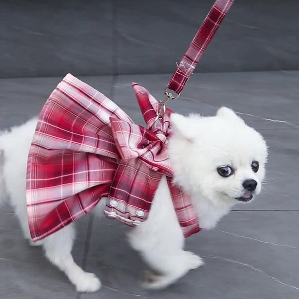 KUTKUT Plaid Dress with Bow Tie Harness Leash Set for Small Dogs & Cats (Red)