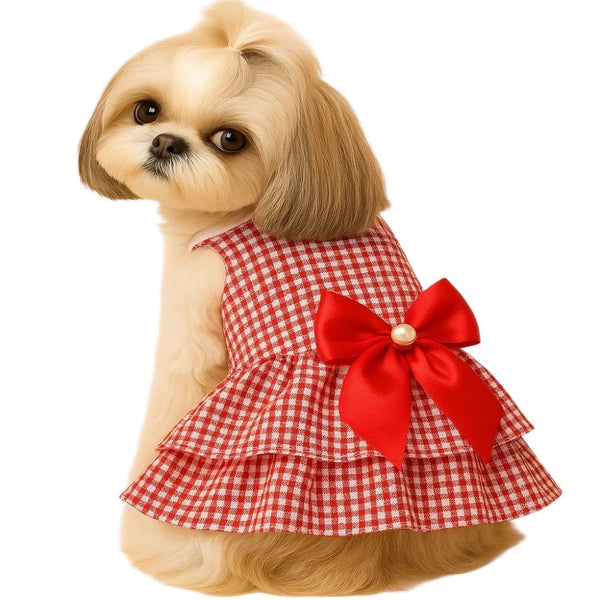 KUTKUT Polycotton Striped Princess Summer Frock Apparel for Dogs (Red)