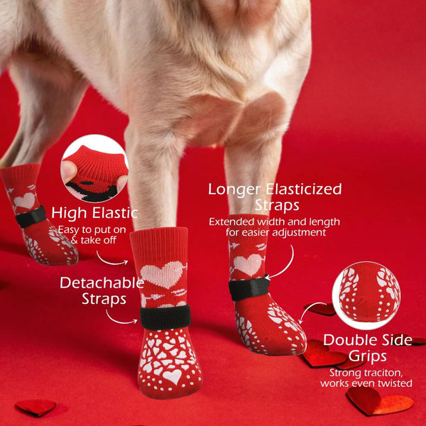 KUTKUT Double Sided Non Skid Paw Socks with Adjustable Straps for Dogs (Red)