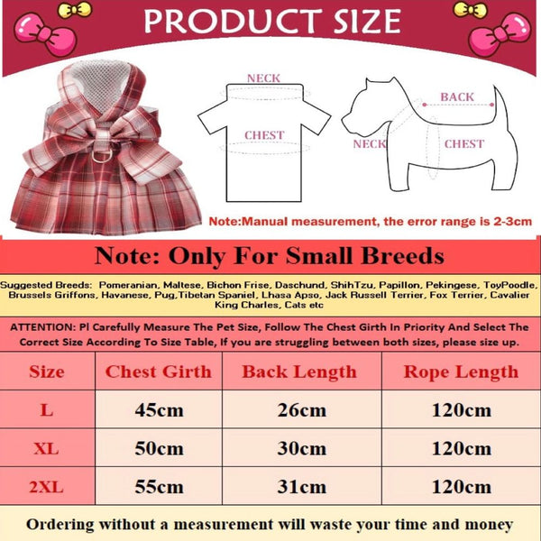KUTKUT Plaid Dress with Bow Tie Harness Leash Set for Small Dogs & Cats (Pink)