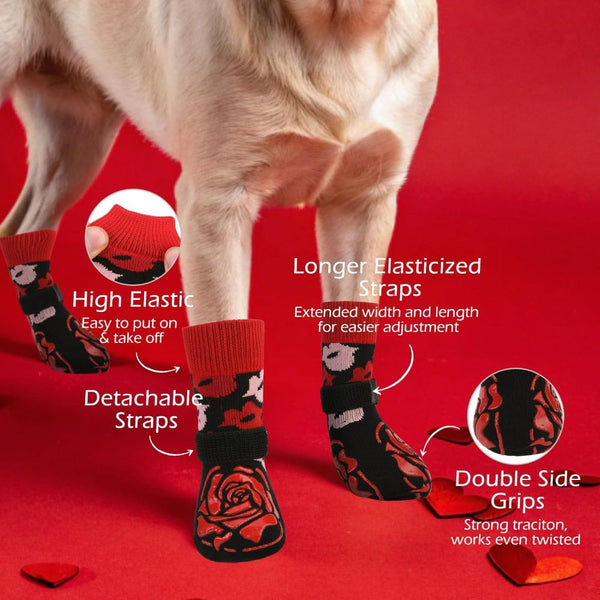 KUTKUT Adjustable Elastic Strapped Anti Slip Grip Paw Socks for Dogs (Red)