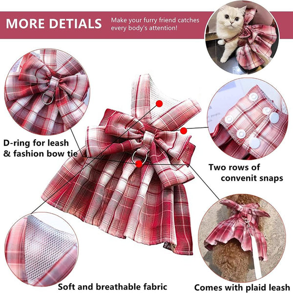 KUTKUT Plaid Dress with Bow Tie Harness Leash Set for Small Dogs & Cats (Red)