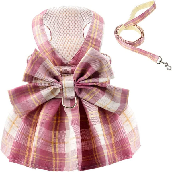 KUTKUT Plaid Dress with Bow Tie Harness Leash Set for Small Dogs & Cats (Pink)