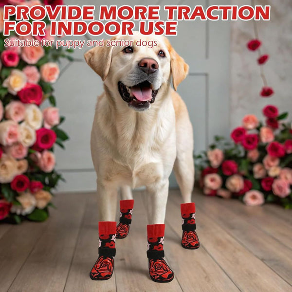KUTKUT Adjustable Elastic Strapped Anti Slip Grip Paw Socks for Dogs (Red)