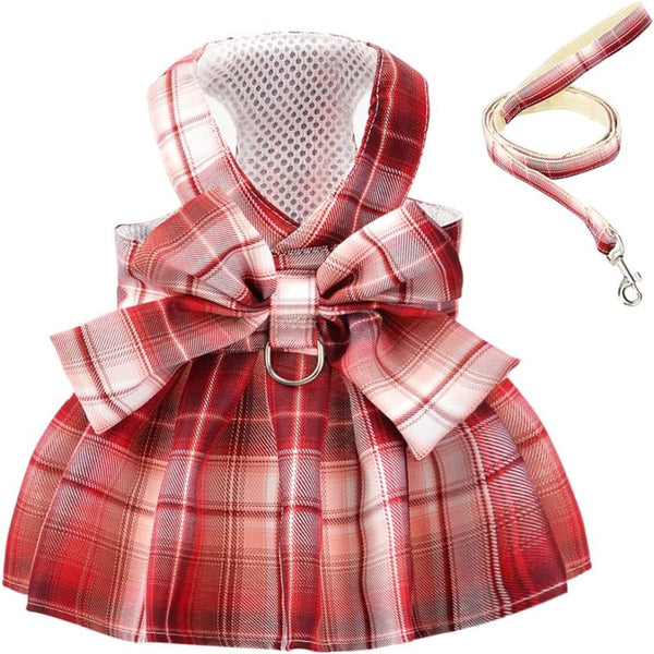 KUTKUT Plaid Dress with Bow Tie Harness Leash Set for Small Dogs & Cats (Red)