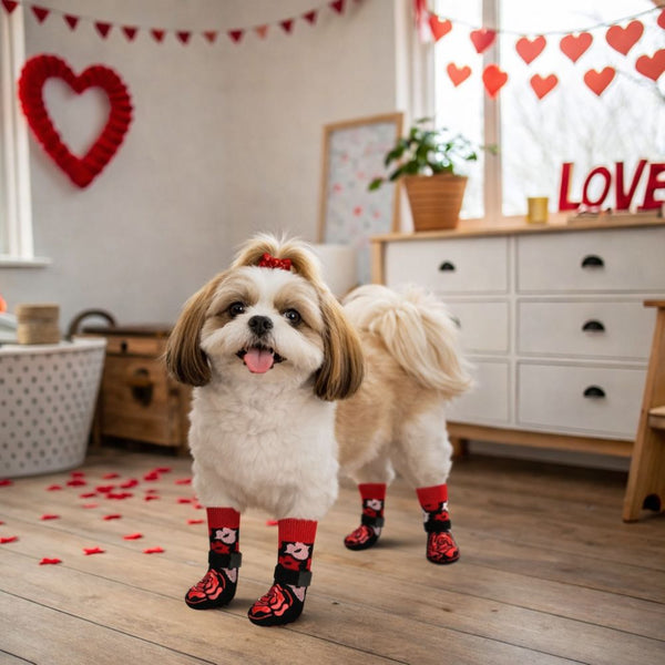 KUTKUT Adjustable Elastic Strapped Anti Slip Grip Paw Socks for Dogs (Red)