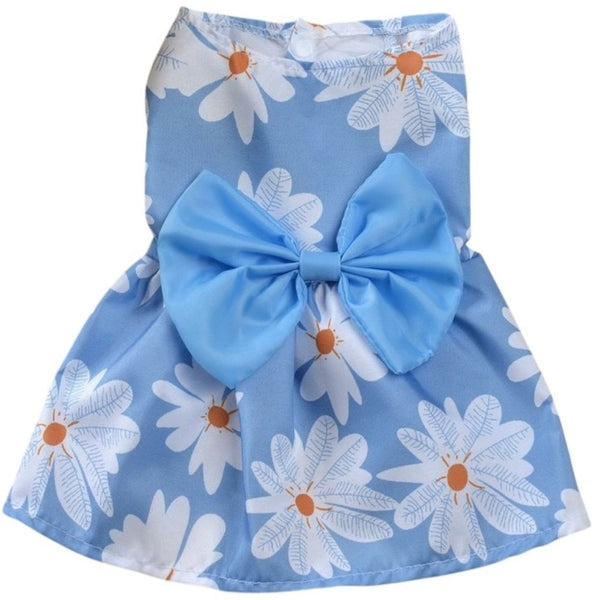 KUTKUT Daisy Patterned Princess Frock with Lovely Bow for Small Dogs and Cats (Blue)