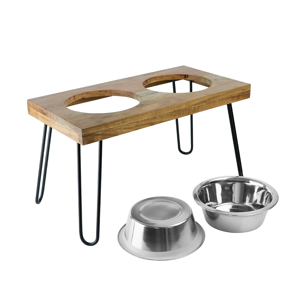 Pawpourri Elevated Acacia Wooden Double Diner for Dogs and Cats (Wooden Brown)