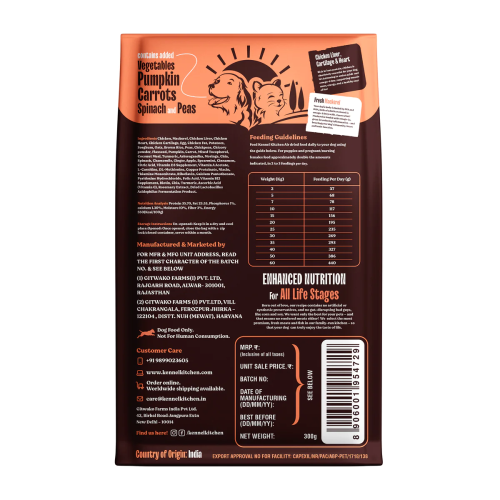 Kennel Kitchen Air Dried Chicken and Mackerel Puppy & Adult Dog Dry Food (All Life Stage) Dogs- Dry Food Kennel Kitchen