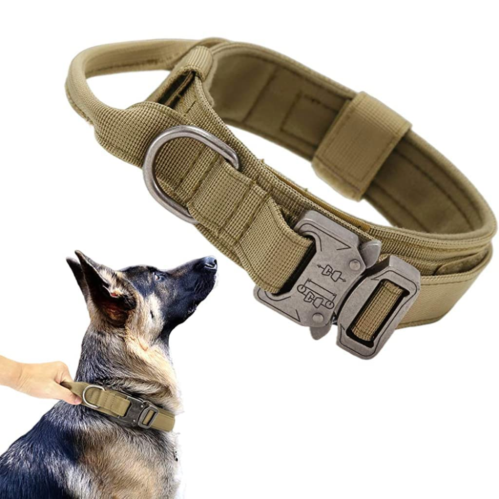 Q Pets Tactical Adjustable Nylon Collar with Handle for Dogs (Khaki)