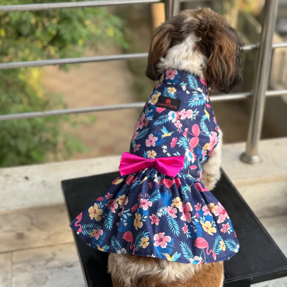 Pawgypets Hawaiian Flamingo Dress for Dogs (Navy Blue)