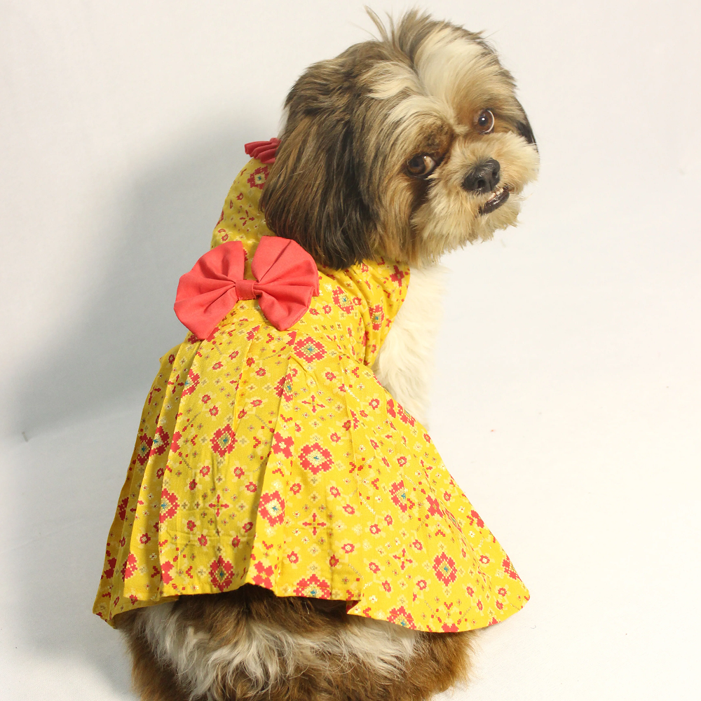 Pawgypets Block Print Bandani Dress for Dogs (Yellow) Dogs-Clothing & Accessories Pawgypets Dropship XXS