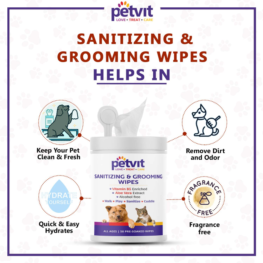 Petvit Sanitizing & Grooming Wipes for Dogs and Cats (Pack of 2)