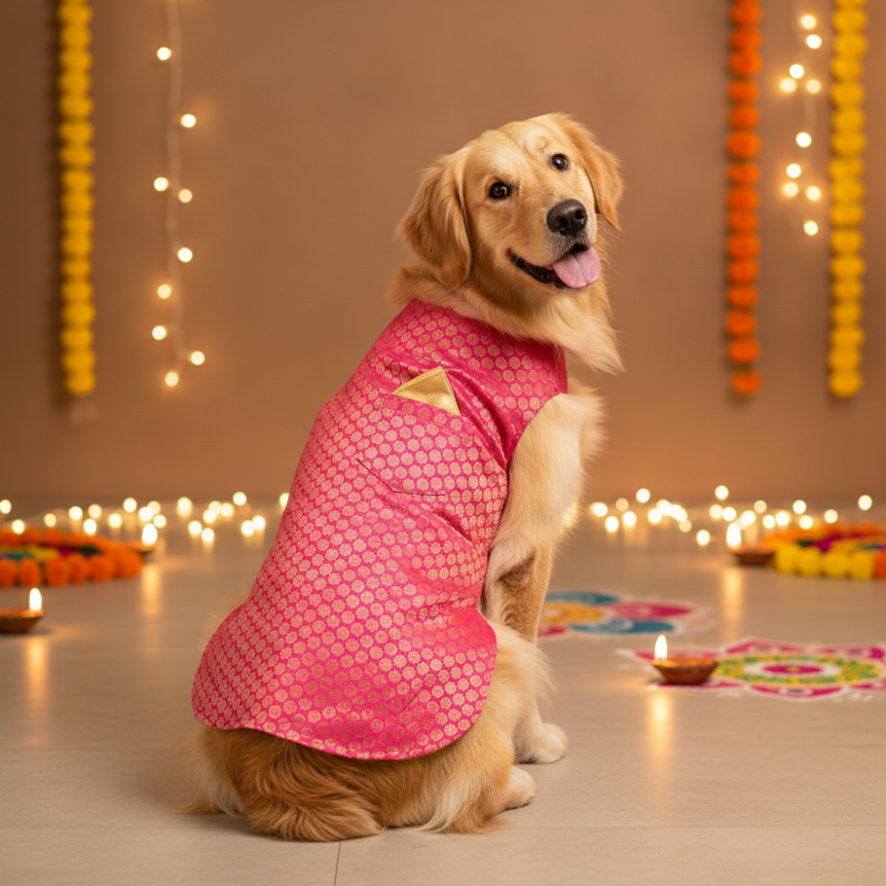 Skatrs Brocade Gold Printed Sherwani for Dogs and Cats (Pink) Both-Clothing & Accessories Skatrs