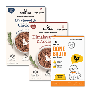 Goofy Tails Mackerel & Chicken and Himalayan Trout & Anchovies Meals and Chicken Bone Broth 375ml Combo for Cats Exclusive Combo Goofy Tails