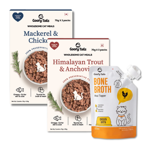 Goofy Tails Mackerel & Chicken and Himalayan Trout & Anchovies Meals and Chicken Bone Broth 100ml Combo for Cats Exclusive Combo Goofy Tails