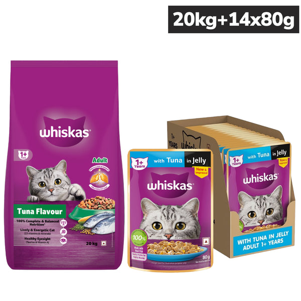 Whiskas Tuna in Jelly Meal and Tuna Flavour Adult Cat Wet & Dry Food Combo