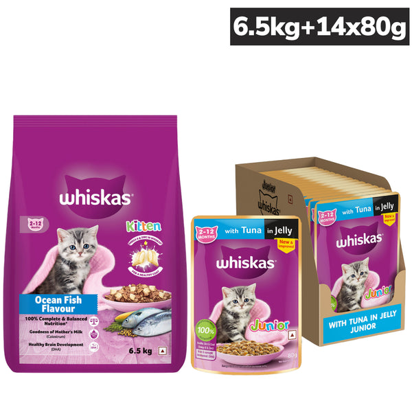 Whiskas Ocean Fish Kitten/Mother & Baby Dry Food and Tuna in Jelly Kitten Cat Wet Food