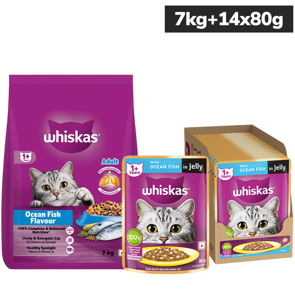Whiskas Ocean Fish Flavour Adult Cat Dry Food and Ocean Fish Adult Cat Wet Food Combo