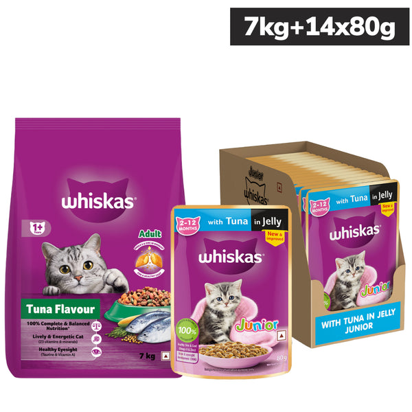 Whiskas Tuna in Jelly Kitten Cat Wet Food and Tuna Flavour Adult Cat Dry Food Combo