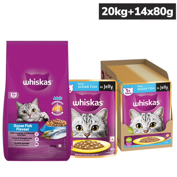 Whiskas Ocean Fish Flavour Adult Cat Dry and Wet Food Combo