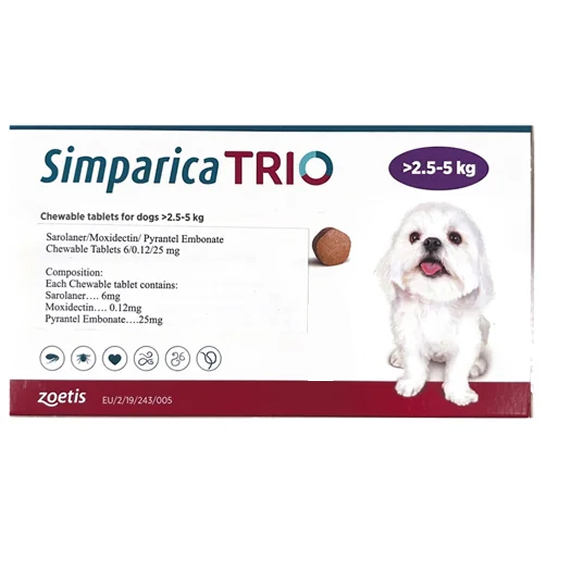 Zoetis Simparica Trio Tick and Flea Control Tablet for Dogs (1 tablet) Dogs-Pharmacy Zoetis Pharmacy 2.5 - 5 kg (1 Tablet)