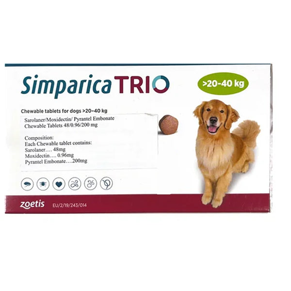Zoetis Simparica Trio (Sarolaner) Tick Flea Control Tablet for Dogs to 10 kg (1 Tablet) and 20 to 40 kg (1 Tablet) Combo
