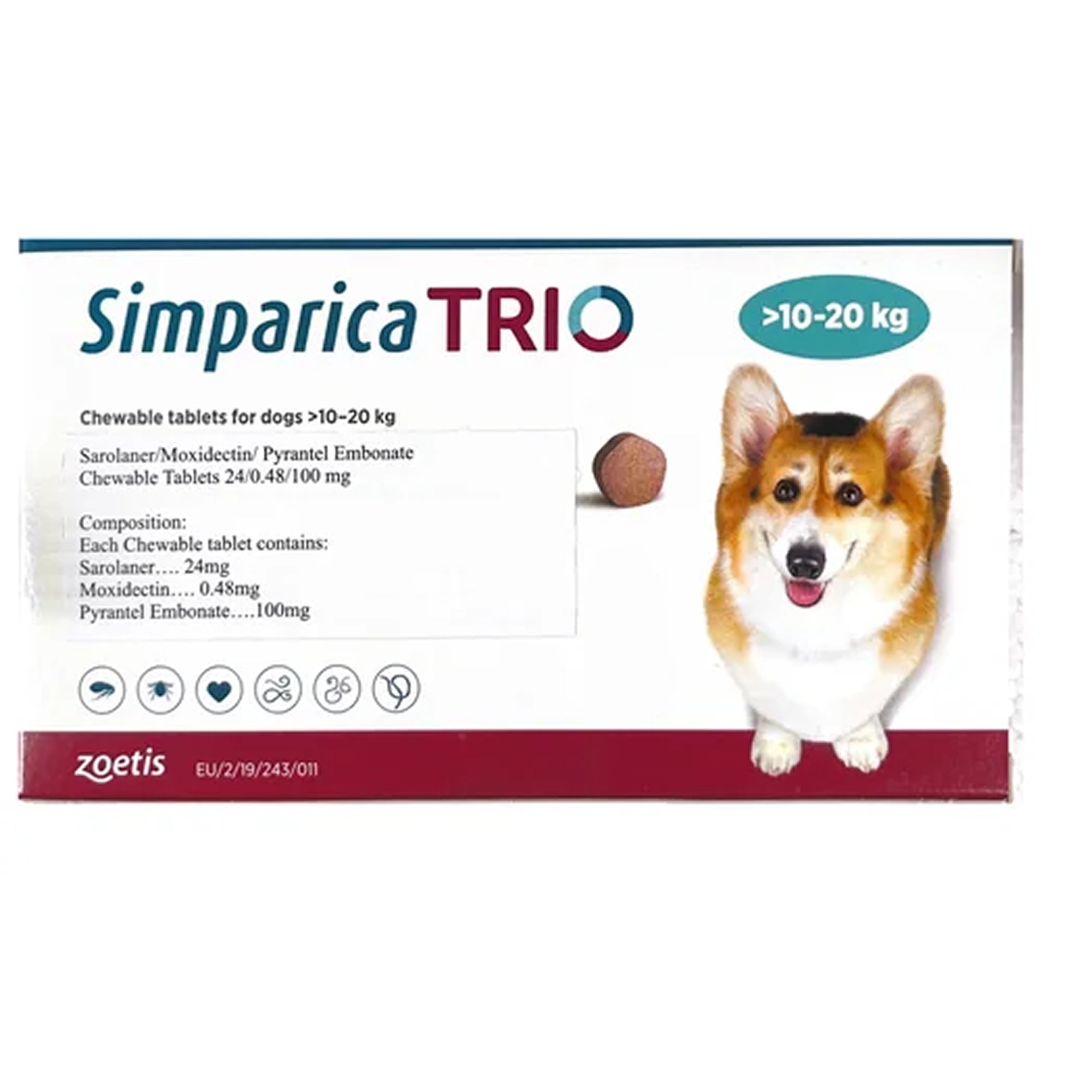 Zoetis Simparica Trio Tick and Flea Control Tablet for Dogs (1 tablet) Dogs-Pharmacy Zoetis Pharmacy 10 - 20 kg (1 Tablet)