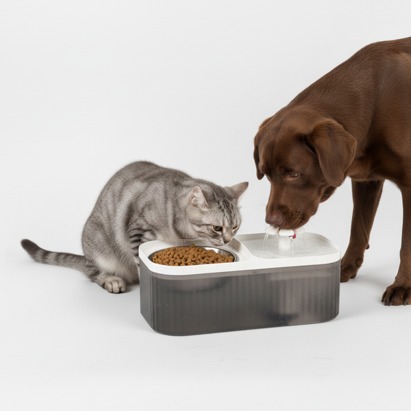 Skatrs Water Fountain with Food Bowl & Adapter for Dogs and Cats (Grey/White)