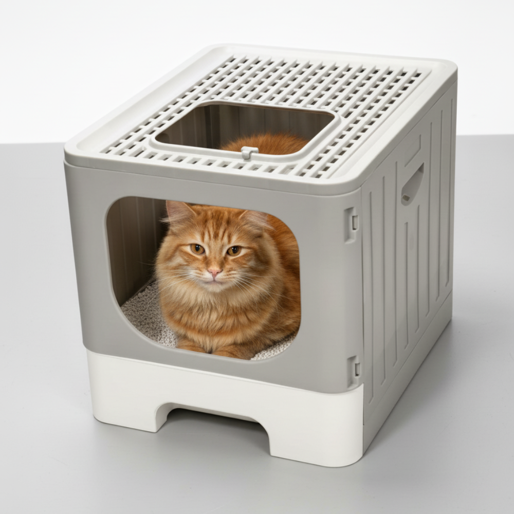 Skatrs Foldable Covered Cat Litter Box with Anti-Spill Tray Easy Cleaning Spacious Design Top and Side Openings Litter Tray for Cats and Kittens Litter Supplies Skatrs