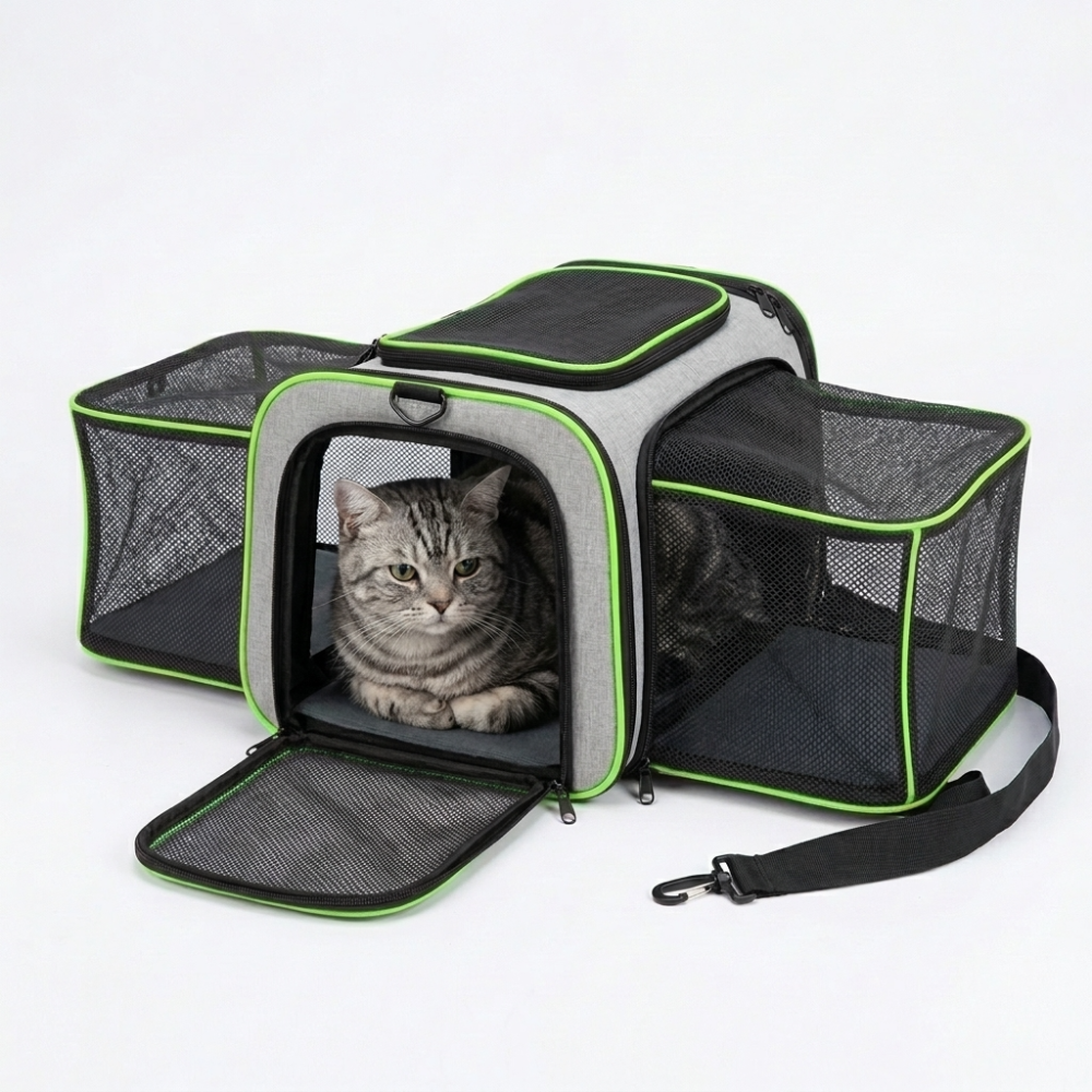 Skatrs Foldable Expandable Pet Travel Carrier Bag for Small Dogs, Adult Cats & Kittens (Grey with Neon Green) Both-Bedding, Mats & Travel Supplies Skatrs 18.5 Inch X 11 Inch X 11 Inch