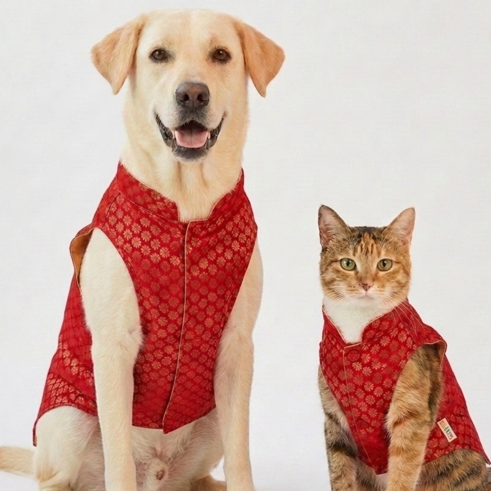 Skatrs Brocade Gold Printed Sherwani for Dogs and Cats (Red) Both-Clothing & Accessories Skatrs M