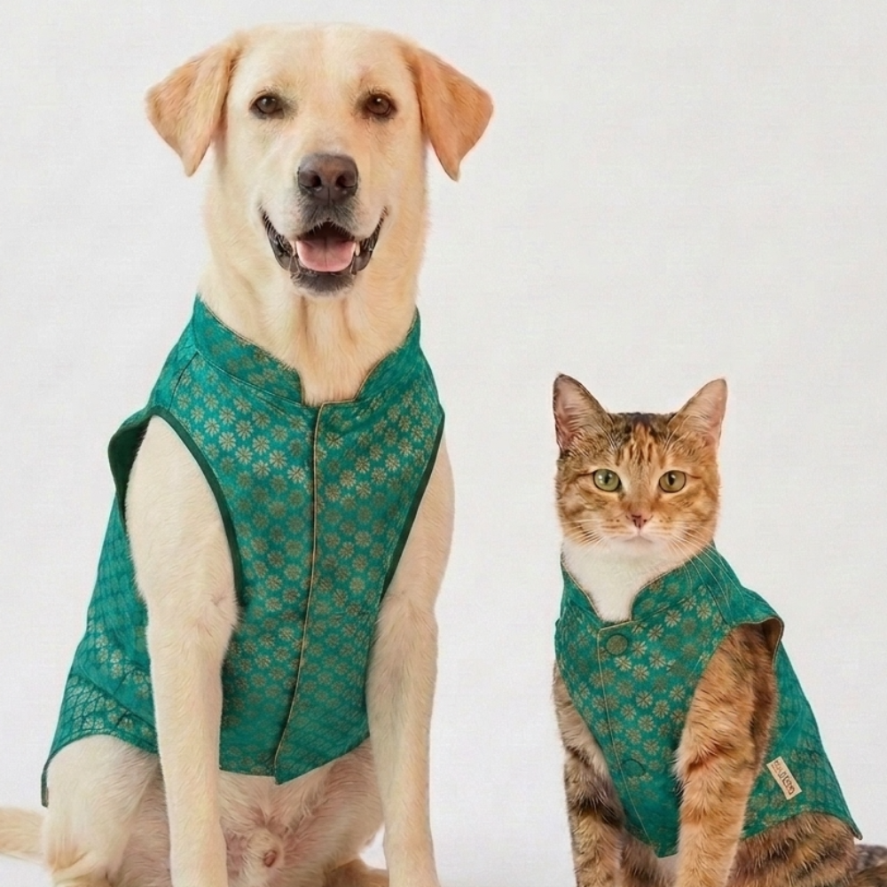 Skatrs Brocade Gold Printed Sherwani for Dogs and Cats (Teal) Both-Clothing & Accessories Skatrs XL