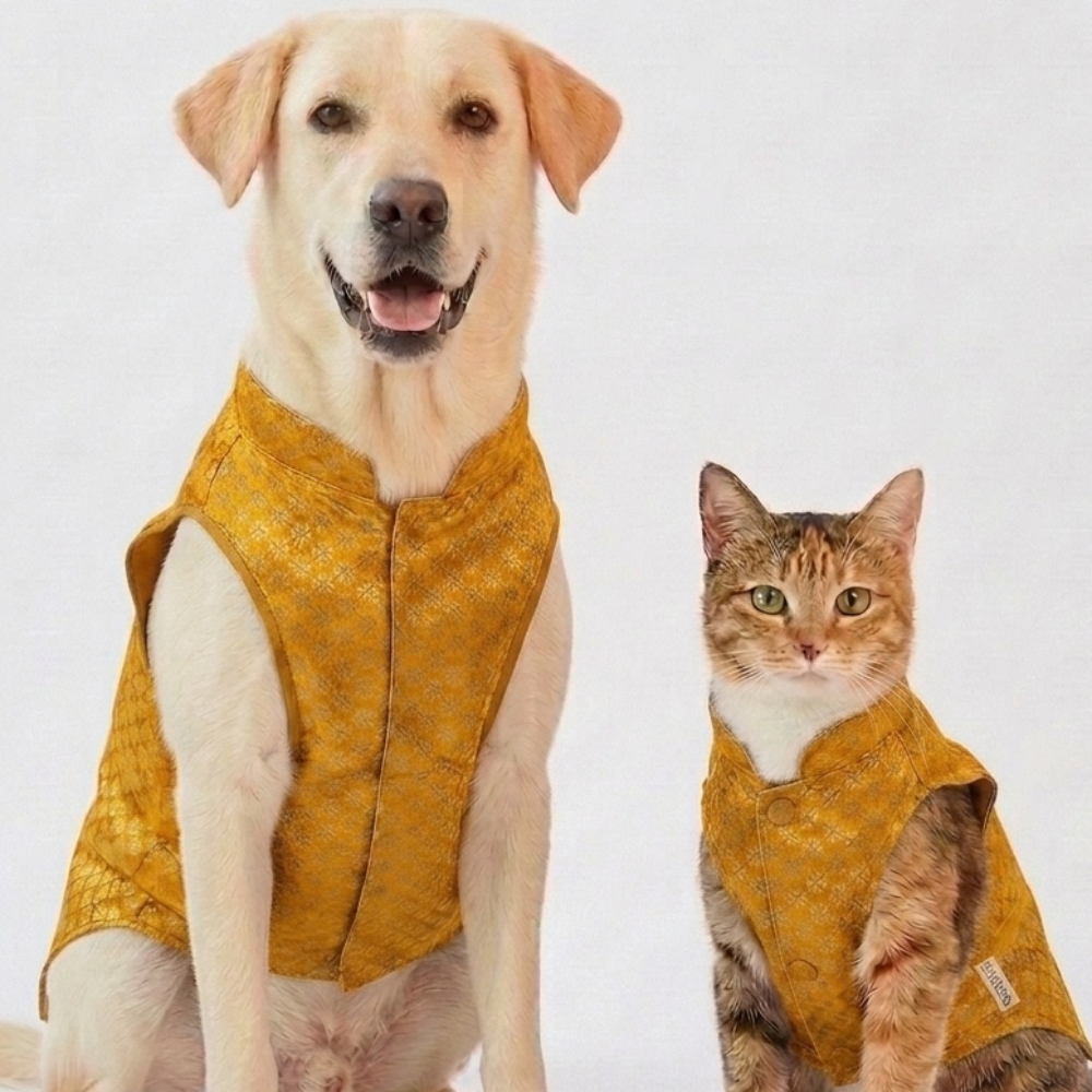 Skatrs Brocade Gold Printed Sherwani for Dogs and Cats (Yellow) Both-Clothing & Accessories Skatrs XXL