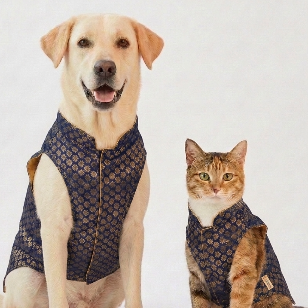 Skatrs Brocade Gold Printed Sherwani for Dogs and Cats (Blue) Both-Clothing & Accessories Skatrs XXL