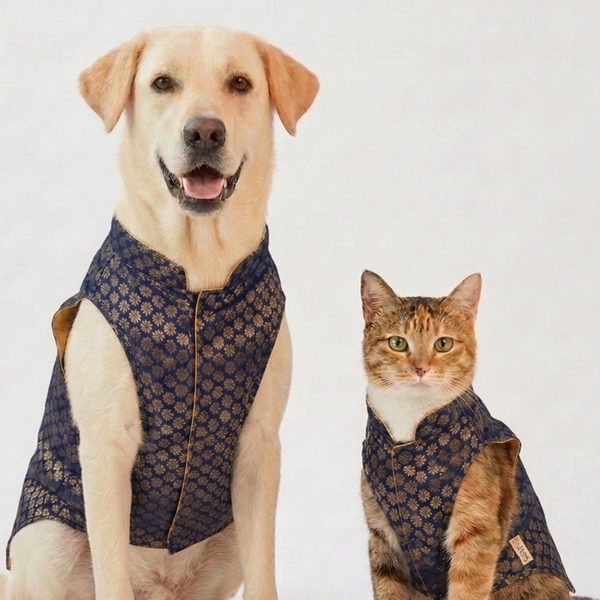 Skatrs Brocade Gold Printed Sherwani for Dogs and Cats (Blue)