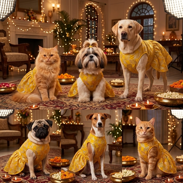 Skatrs Maharani Handcrafted Sherwani for Dogs and Cats (Sunshine Gold)