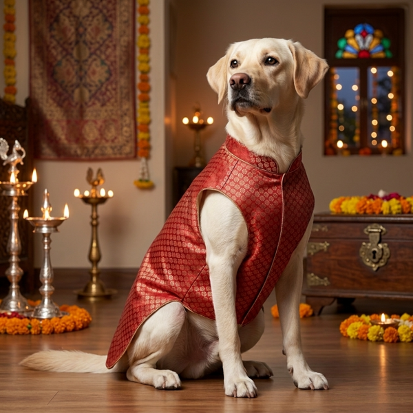 Skatrs Brocade Gold Printed Sherwani for Dogs and Cats (Red)