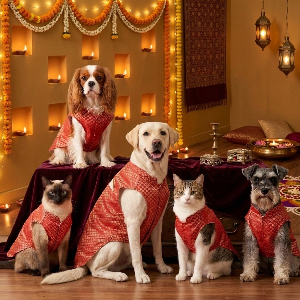 Skatrs Brocade Gold Printed Sherwani for Dogs and Cats (Red) Both-Clothing & Accessories Skatrs