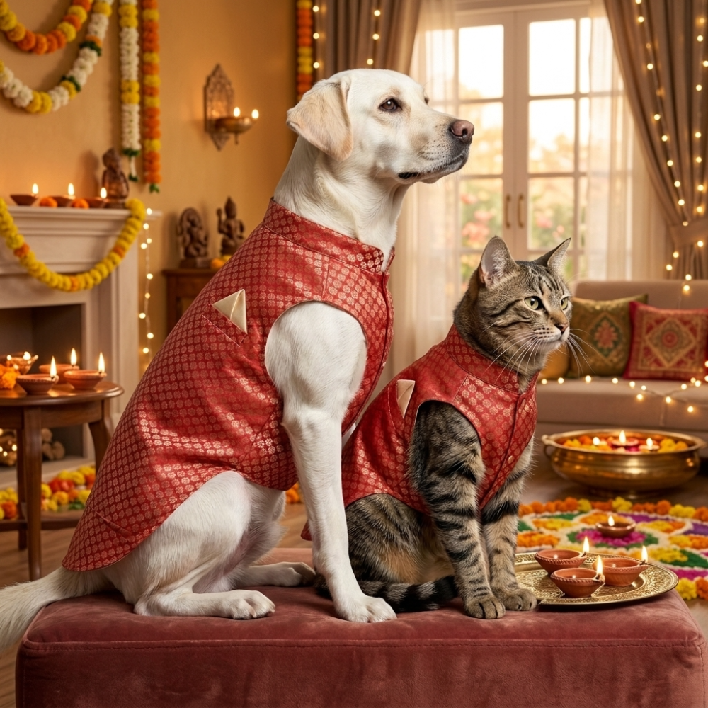 Skatrs Brocade Gold Printed Sherwani for Dogs and Cats (Red) Both-Clothing & Accessories Skatrs
