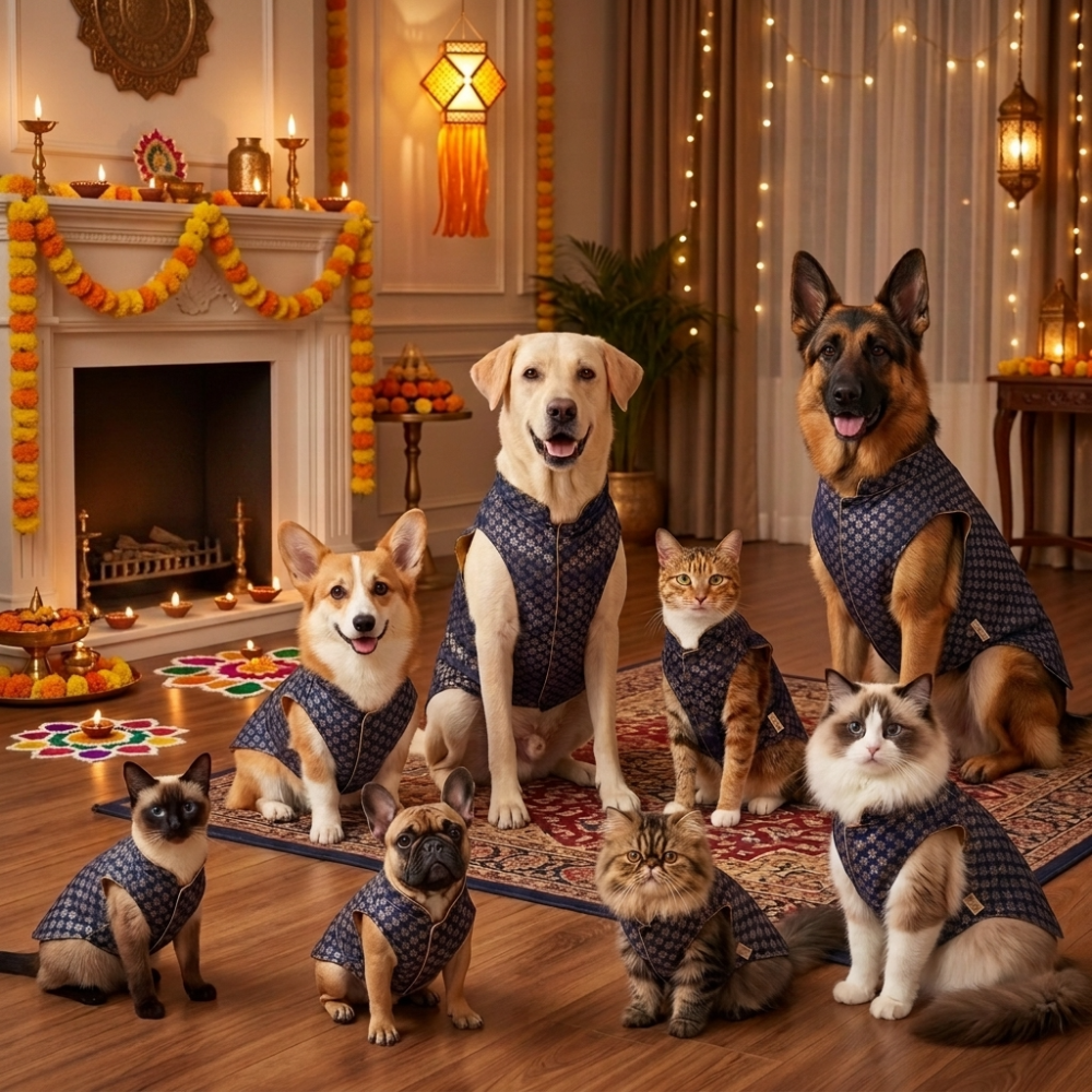 Skatrs Brocade Gold Printed Sherwani for Dogs and Cats (Blue) Both-Clothing & Accessories Skatrs