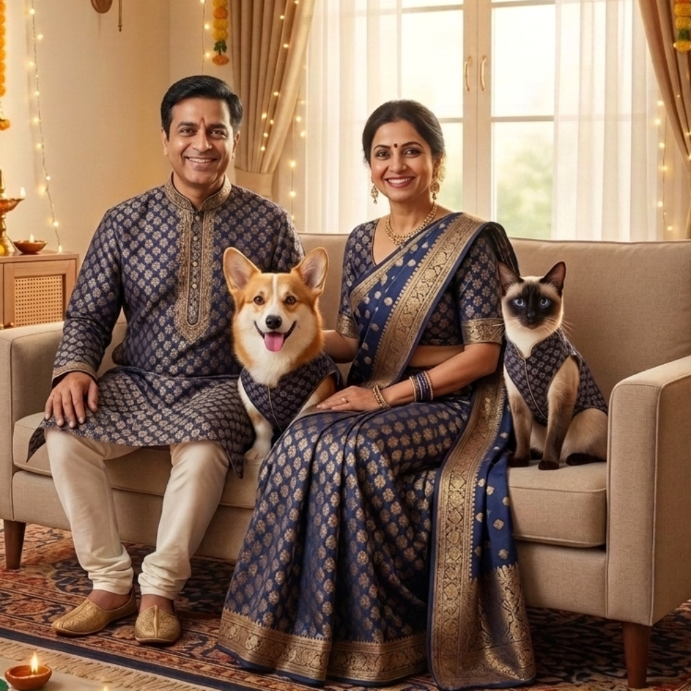 Skatrs Brocade Gold Printed Sherwani for Dogs and Cats (Blue) Both-Clothing & Accessories Skatrs