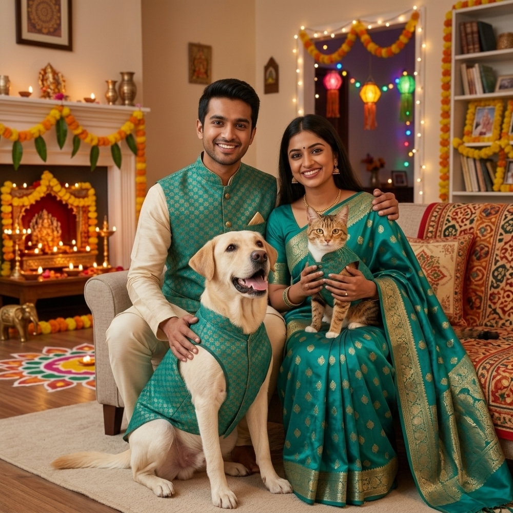 Skatrs Brocade Gold Printed Sherwani for Dogs and Cats (Teal) Both-Clothing & Accessories Skatrs