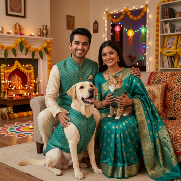 Skatrs Brocade Gold Printed Sherwani for Dogs and Cats (Teal)