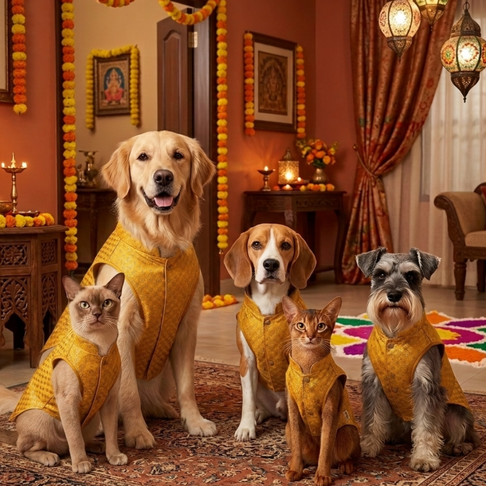 Skatrs Brocade Gold Printed Sherwani for Dogs and Cats (Yellow) Both-Clothing & Accessories Skatrs