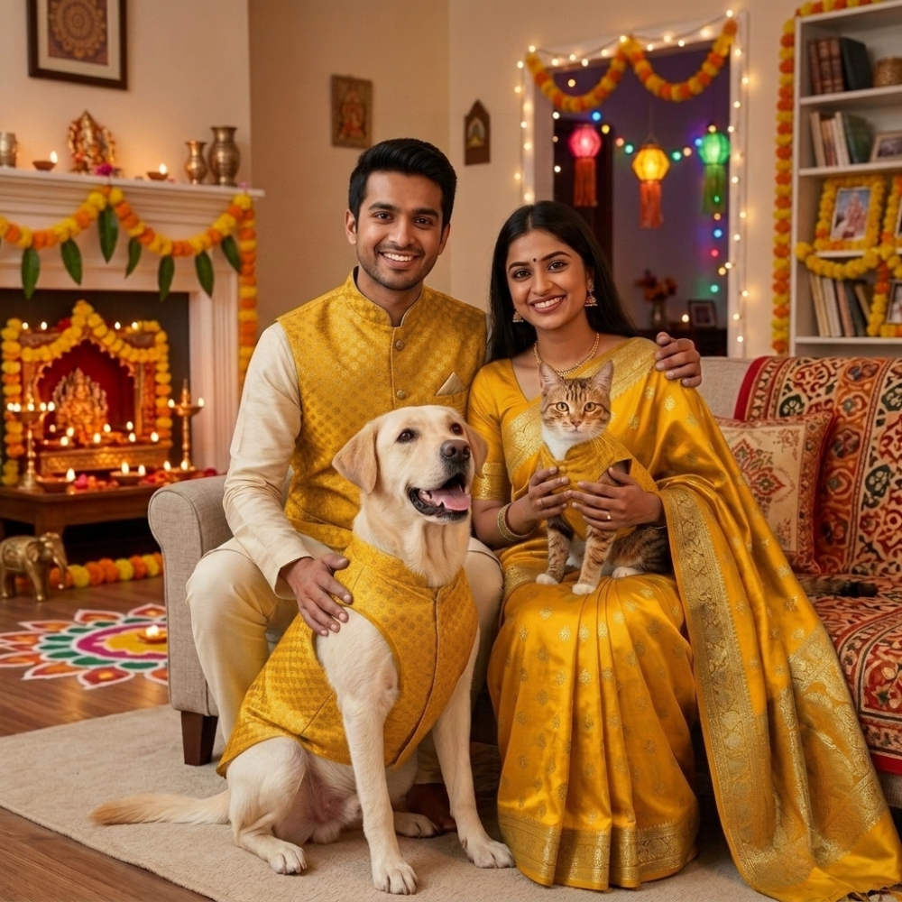 Skatrs Brocade Gold Printed Sherwani for Dogs and Cats (Yellow) Both-Clothing & Accessories Skatrs