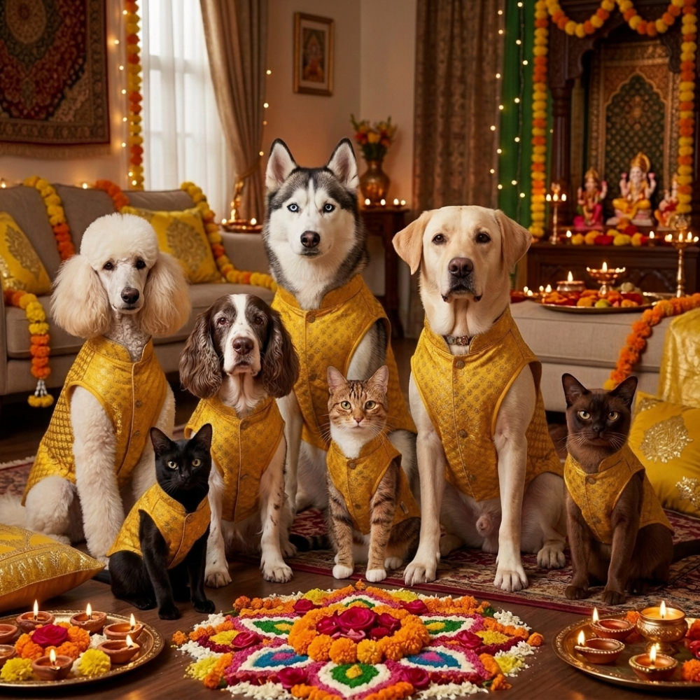 Skatrs Brocade Gold Printed Sherwani for Dogs and Cats (Yellow) Both-Clothing & Accessories Skatrs