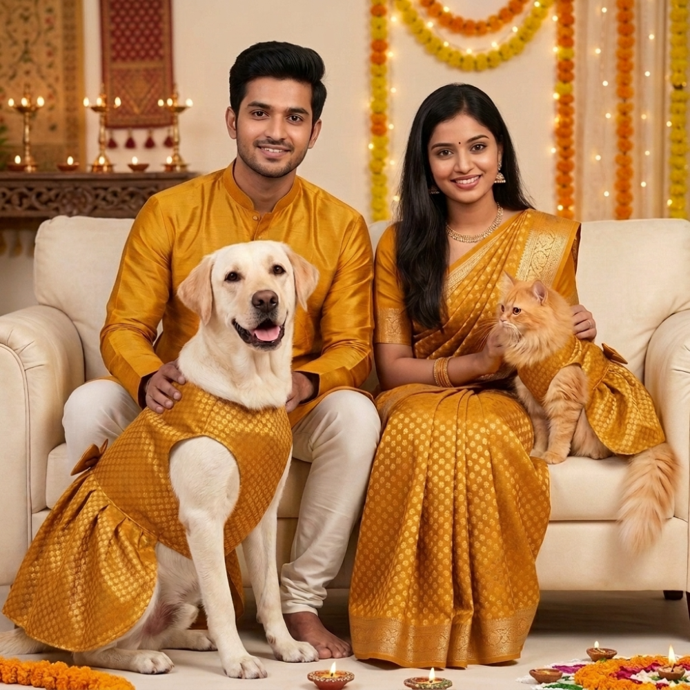 Skatrs Brocade Gold Printed Dress for Dogs and Cats (Yellow) Both-Clothing & Accessories Skatrs