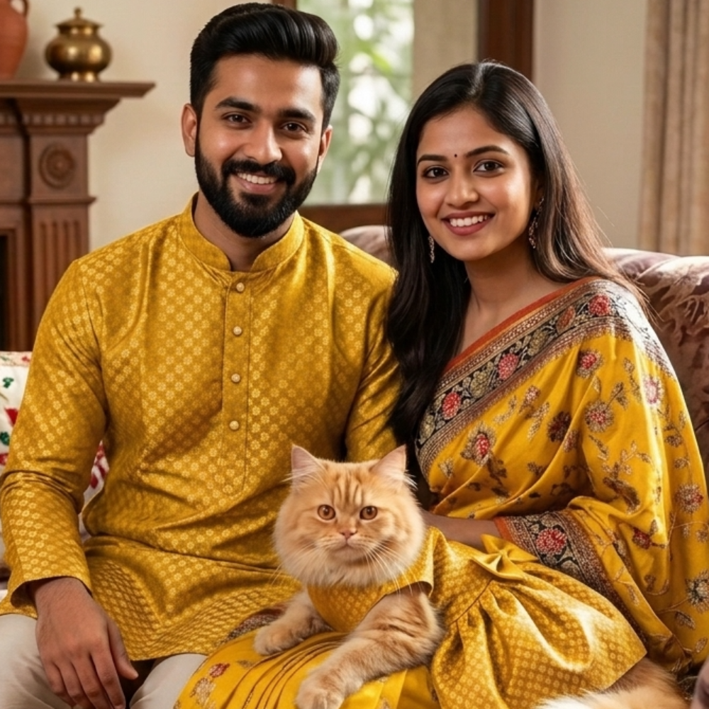 Skatrs Brocade Gold Printed Dress for Dogs and Cats (Yellow) Both-Clothing & Accessories Skatrs