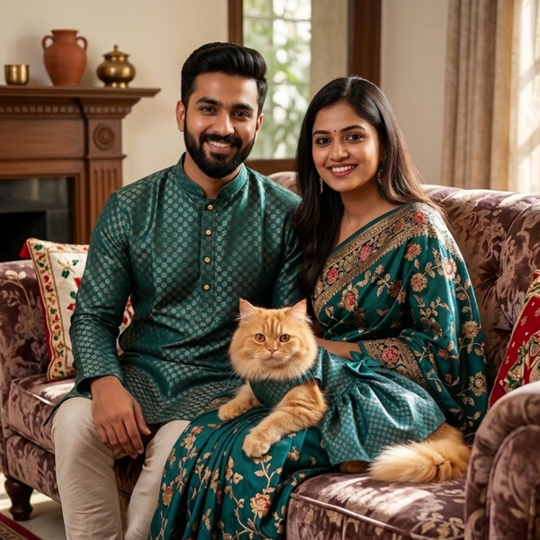 Skatrs Brocade Gold Printed Dress for Dogs and Cats (Teal)